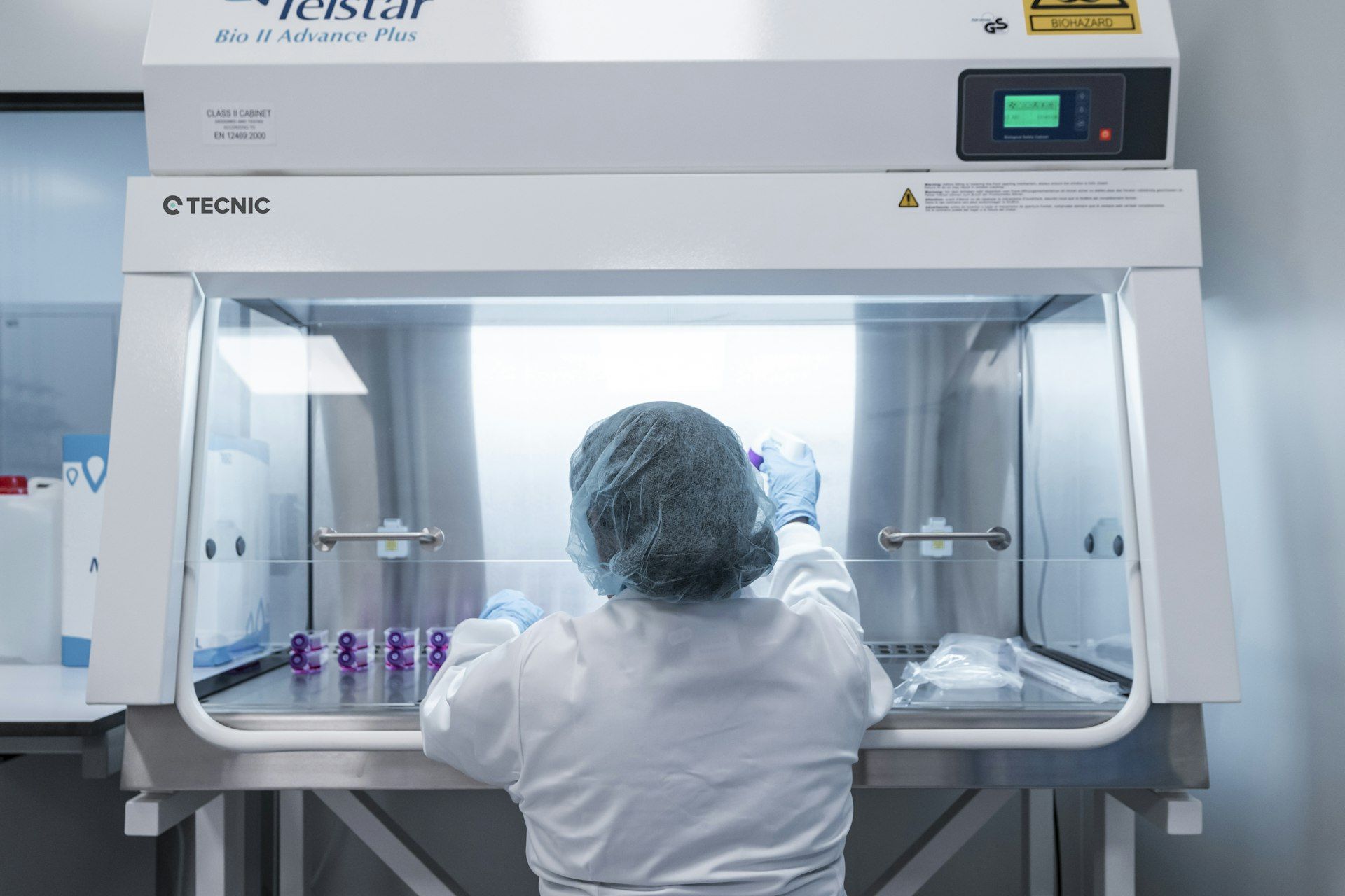 研究人员在生物安全柜内进行实验操作